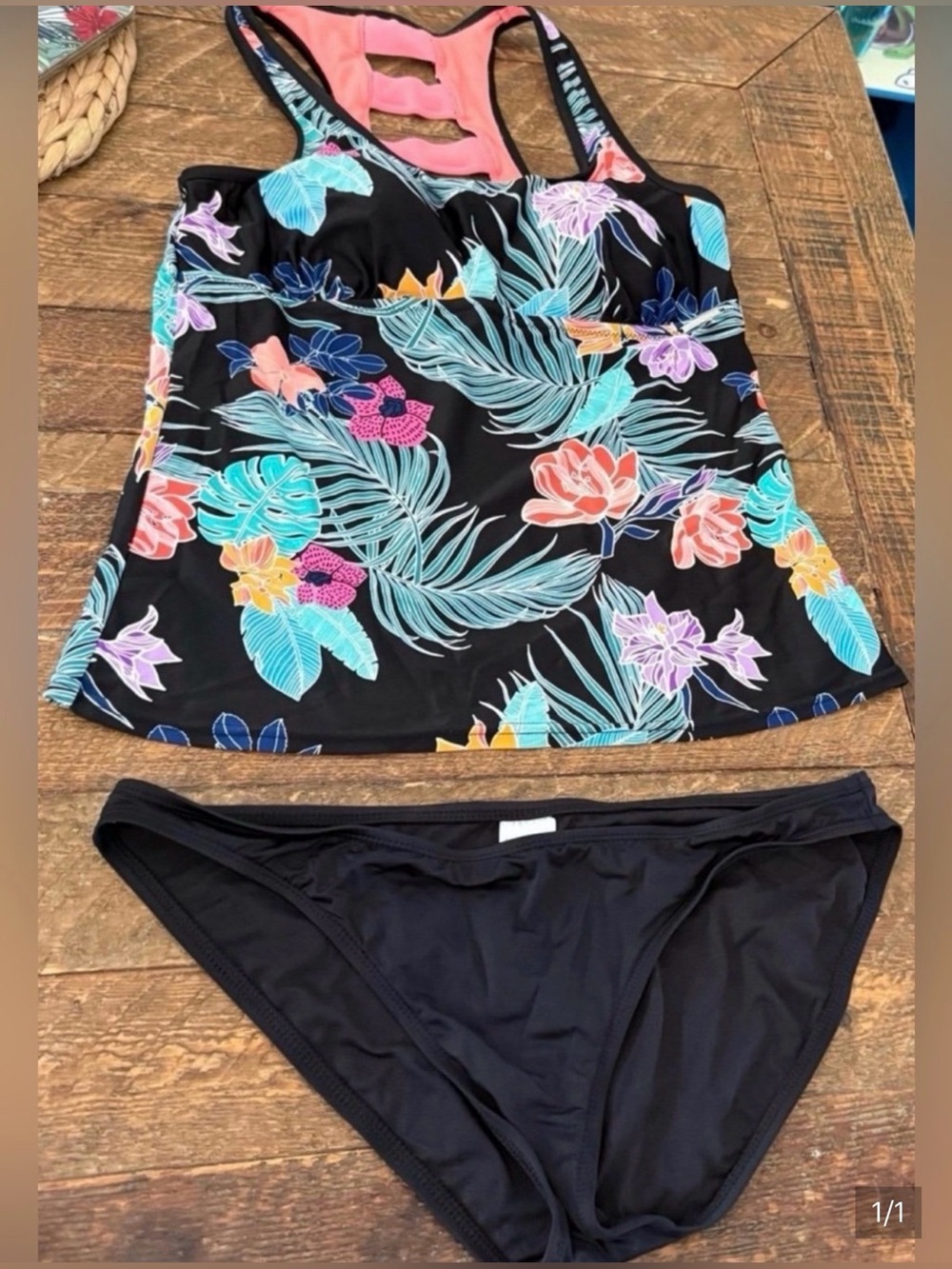 Women’s Floral Tankini Swim Top and Black Bikini Bottom - (Size XL)